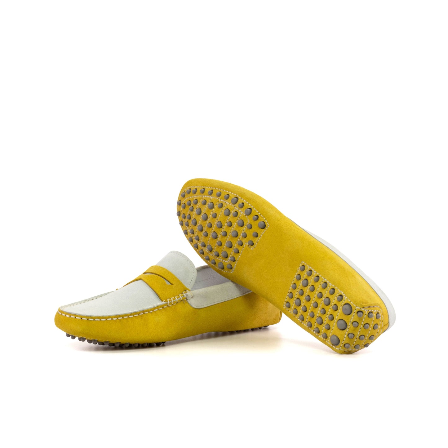 Driver Mask in White Calf Suede and Yellow Calf Suede, grey rubber pebble sole