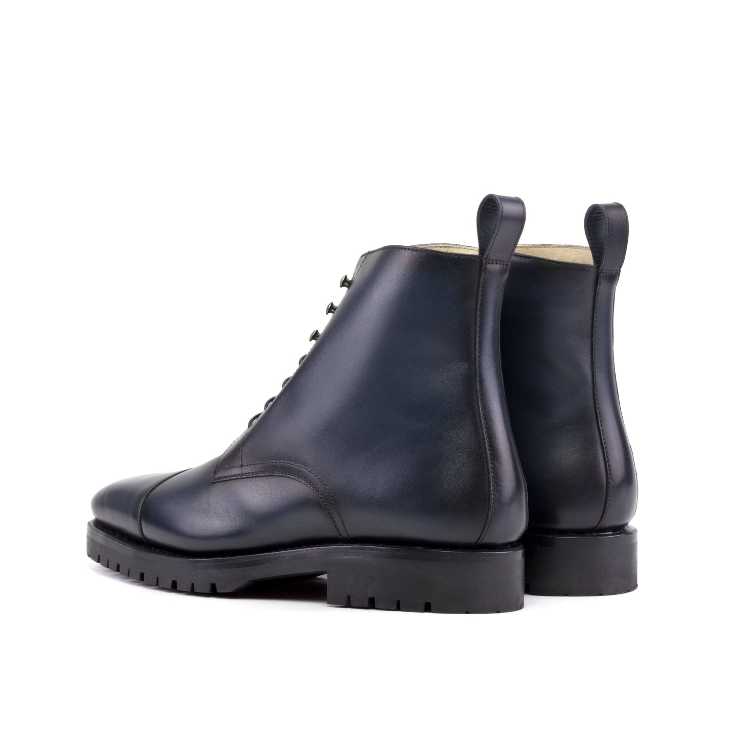 Jumper Boot in Burnished Navy Box Calf, rear three-quarter view