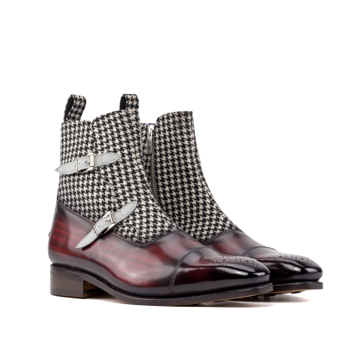 Double Buckle Boot in Black and White Houndstooth Fabric and Light Grey Kid Suede, front three-quarter view