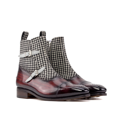 Double Buckle Boot in Black and White Houndstooth Fabric and Light Grey Kid Suede, front three-quarter view