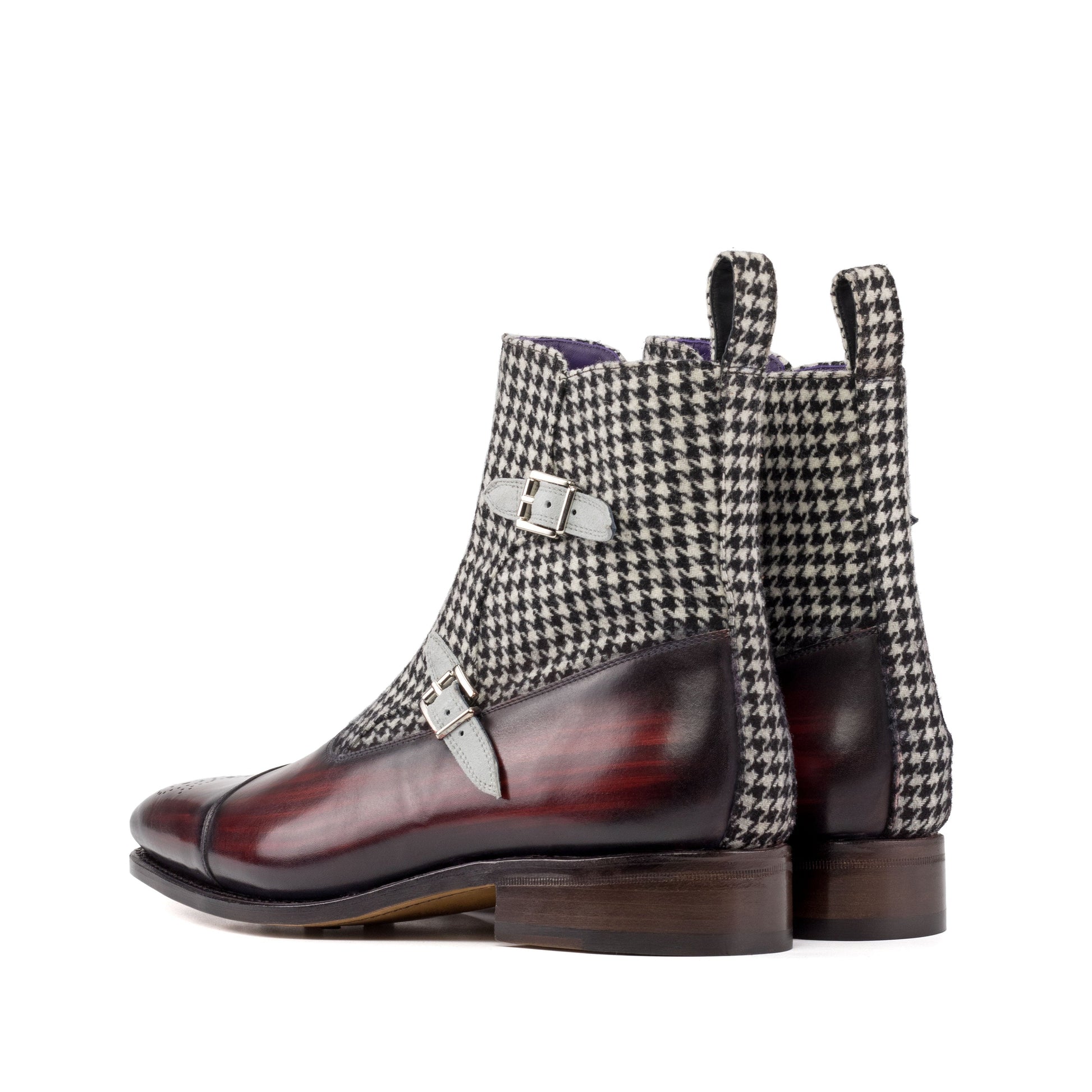 Double Buckle Boot in Black and White Houndstooth Fabric and Light Grey Kid Suede, rear three-quarter view