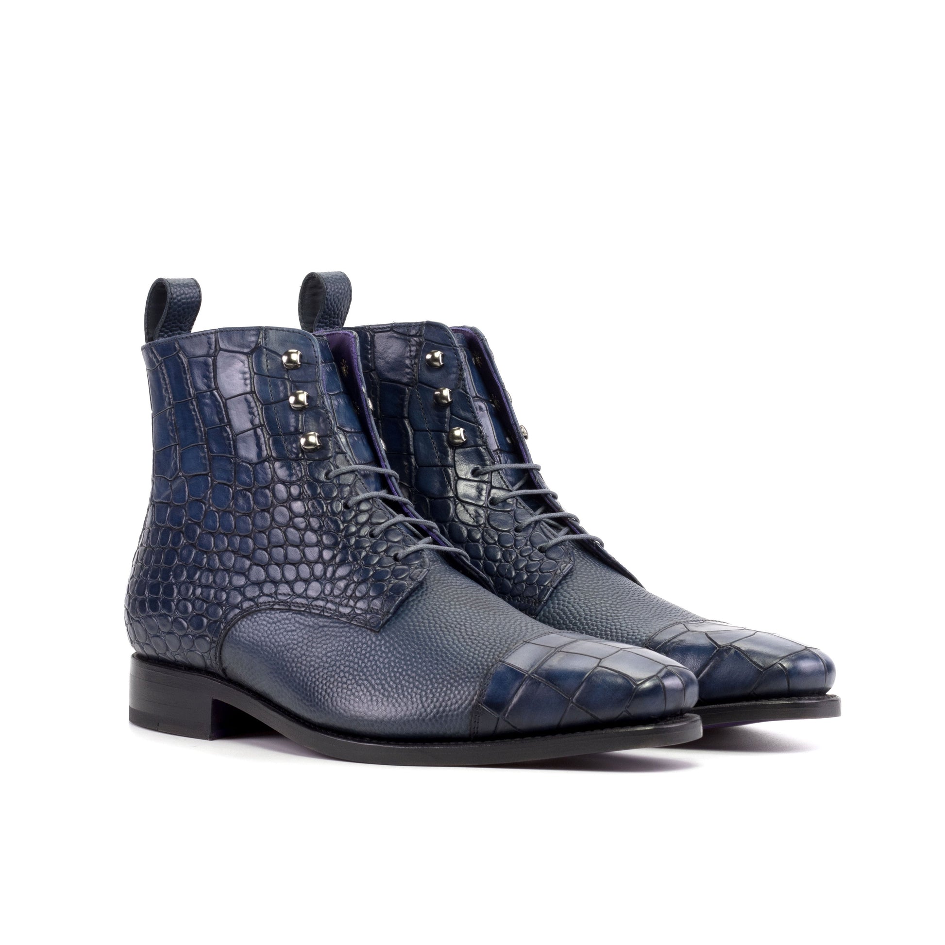 Jumper Boot in Navy Painted Croco-Embossed Box Calf and Navy Painted Pebble-Grain Box Calf, front three-quarter view