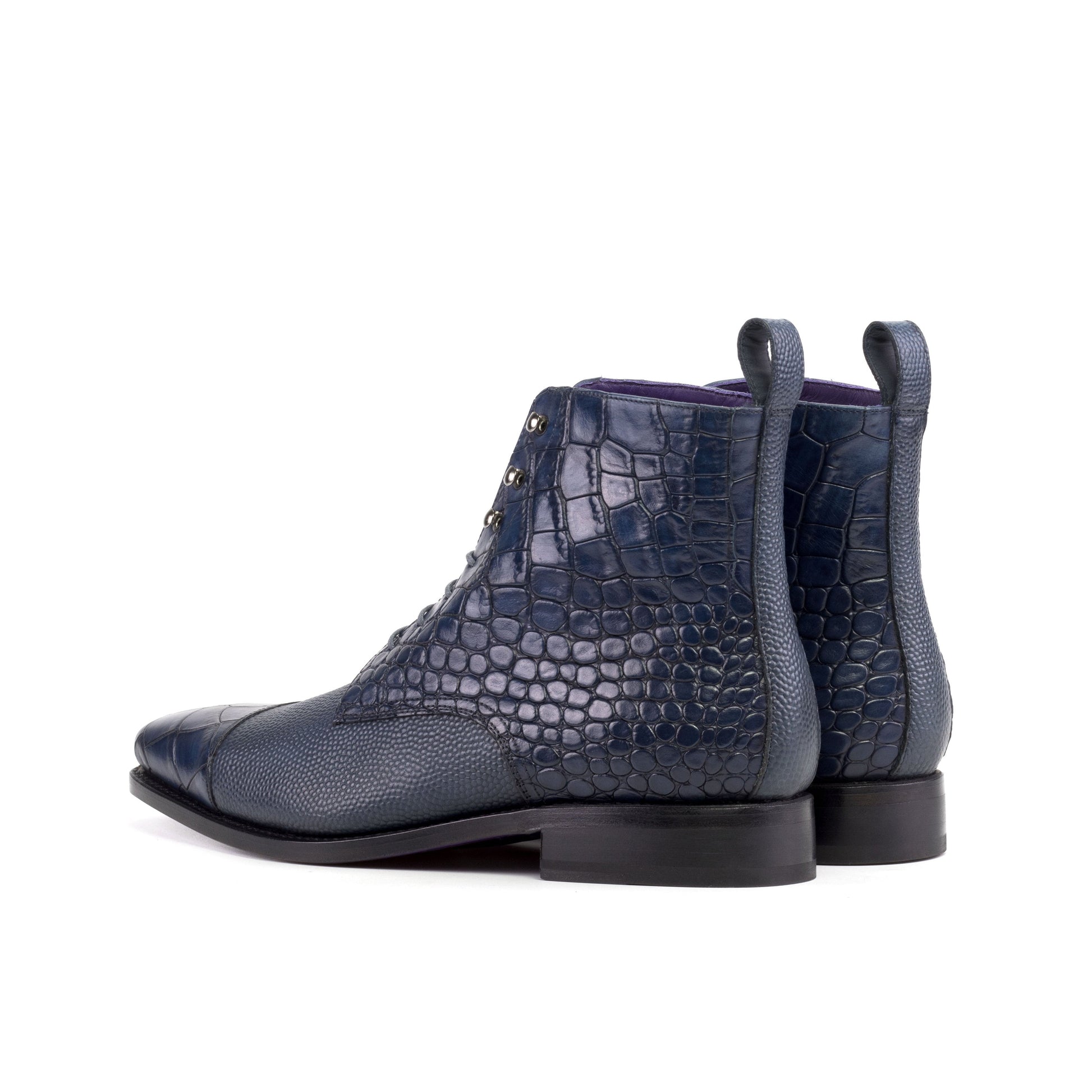 Jumper Boot in Navy Painted Croco-Embossed Box Calf and Navy Painted Pebble-Grain Box Calf, rear three-quarter view