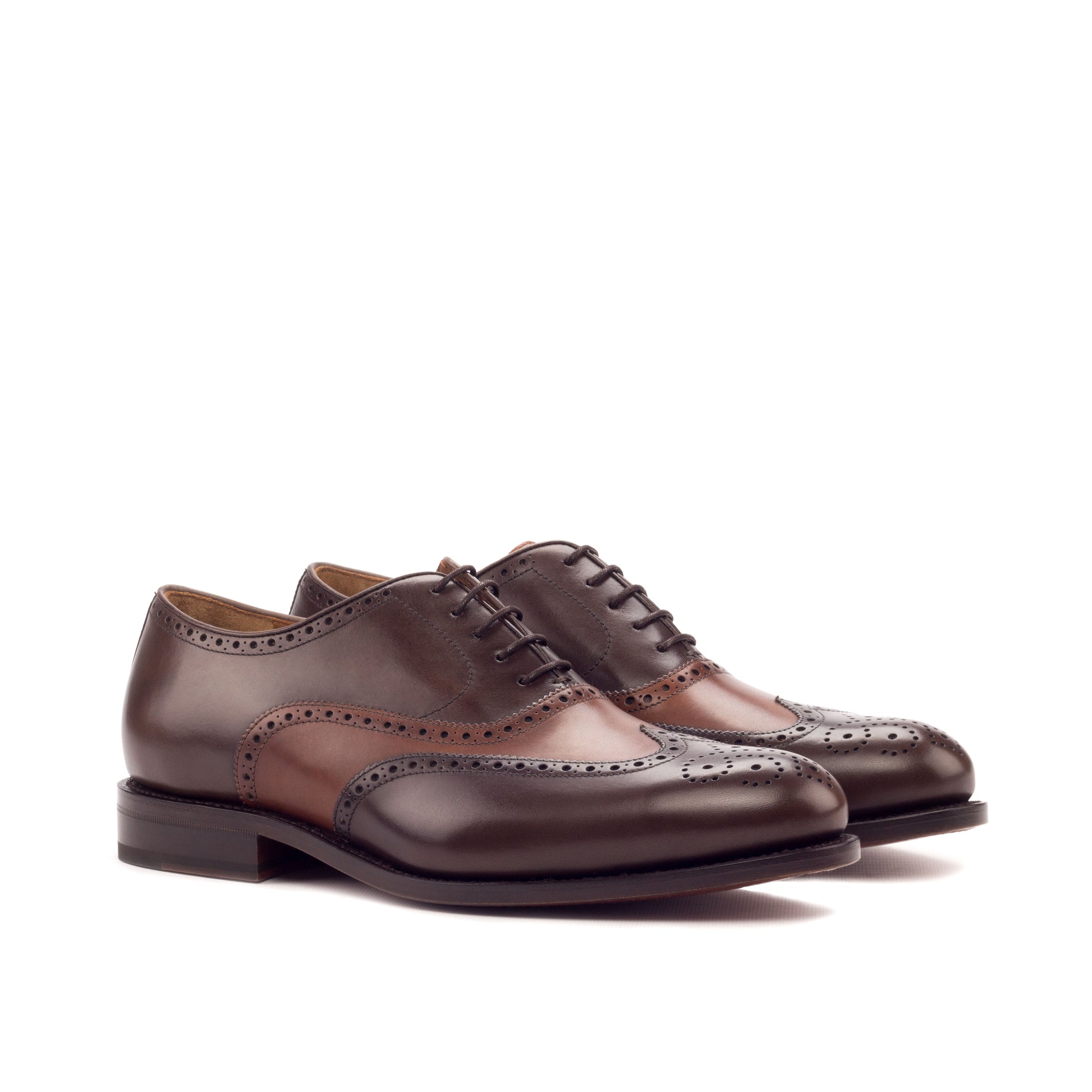 Wingtip Oxford in Dark Brown Painted Box Calf and Cognac Painted Box Calf, front three-quarter view