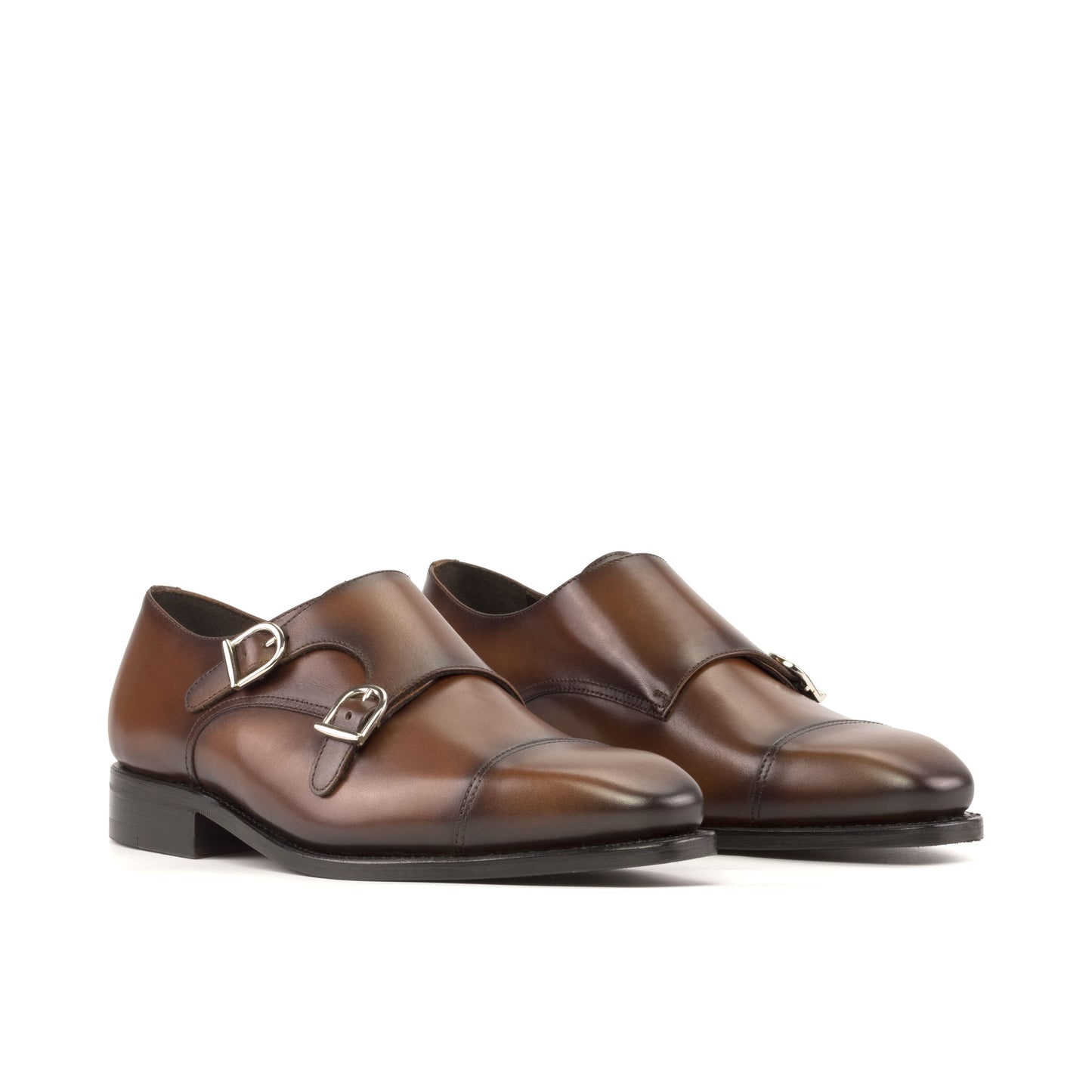 Double Monk Strap in Burnished Burgundy Painted Box Calf and Burnished Burgundy Box Calf, front three-quarter view