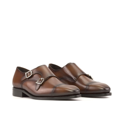 Double Monk Strap in Burnished Burgundy Painted Box Calf and Burnished Burgundy Box Calf, front three-quarter view
