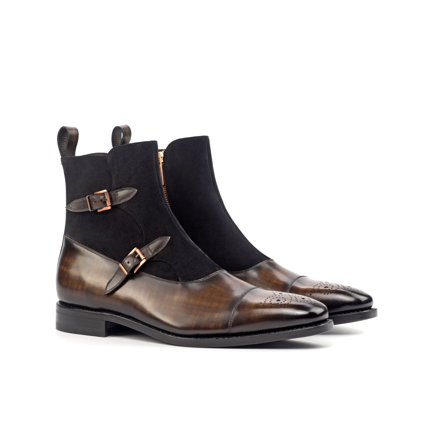 Double Buckle Boot in Black Lux Suede and Brown Patina Box Calf, front three-quarter view