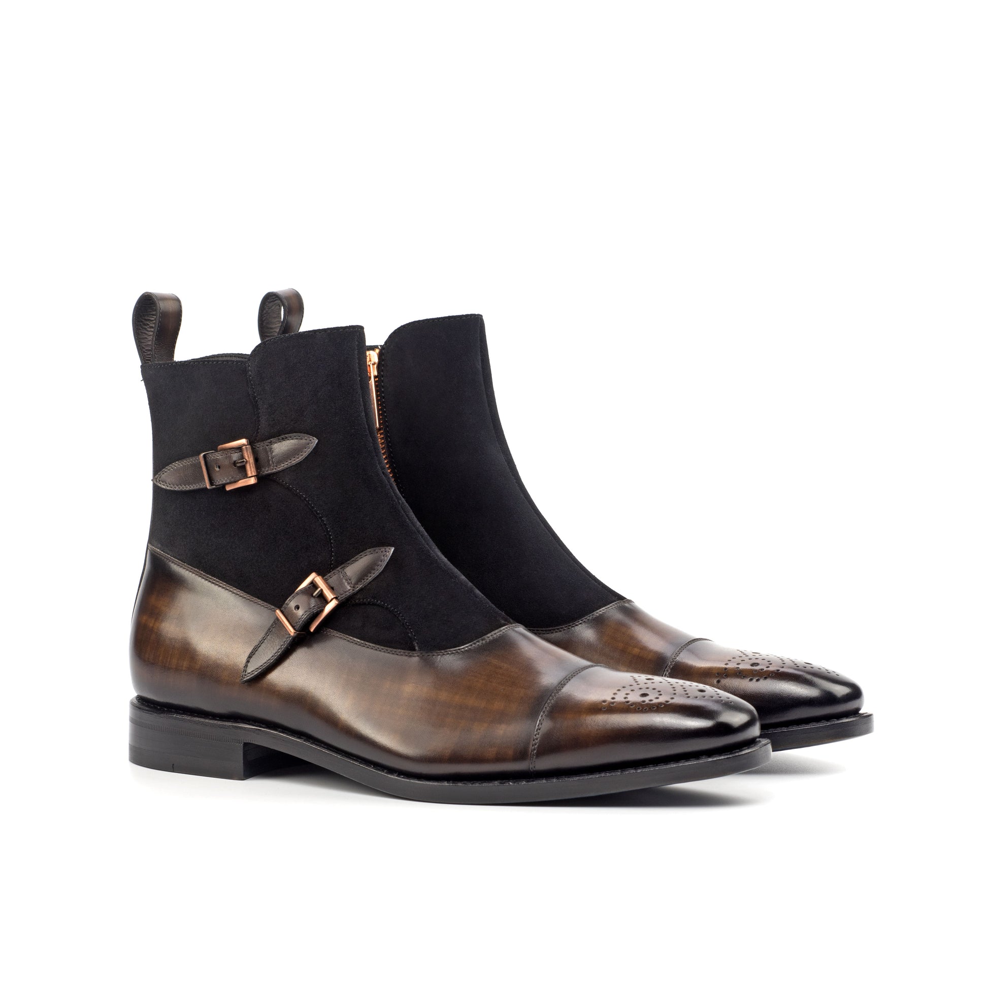 Double Buckle Boot in Black Lux Suede and Brown Patina Box Calf, front three-quarter view