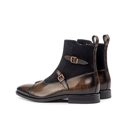 Double Buckle Boot in Black Lux Suede and Brown Patina Box Calf, rear three-quarter view
