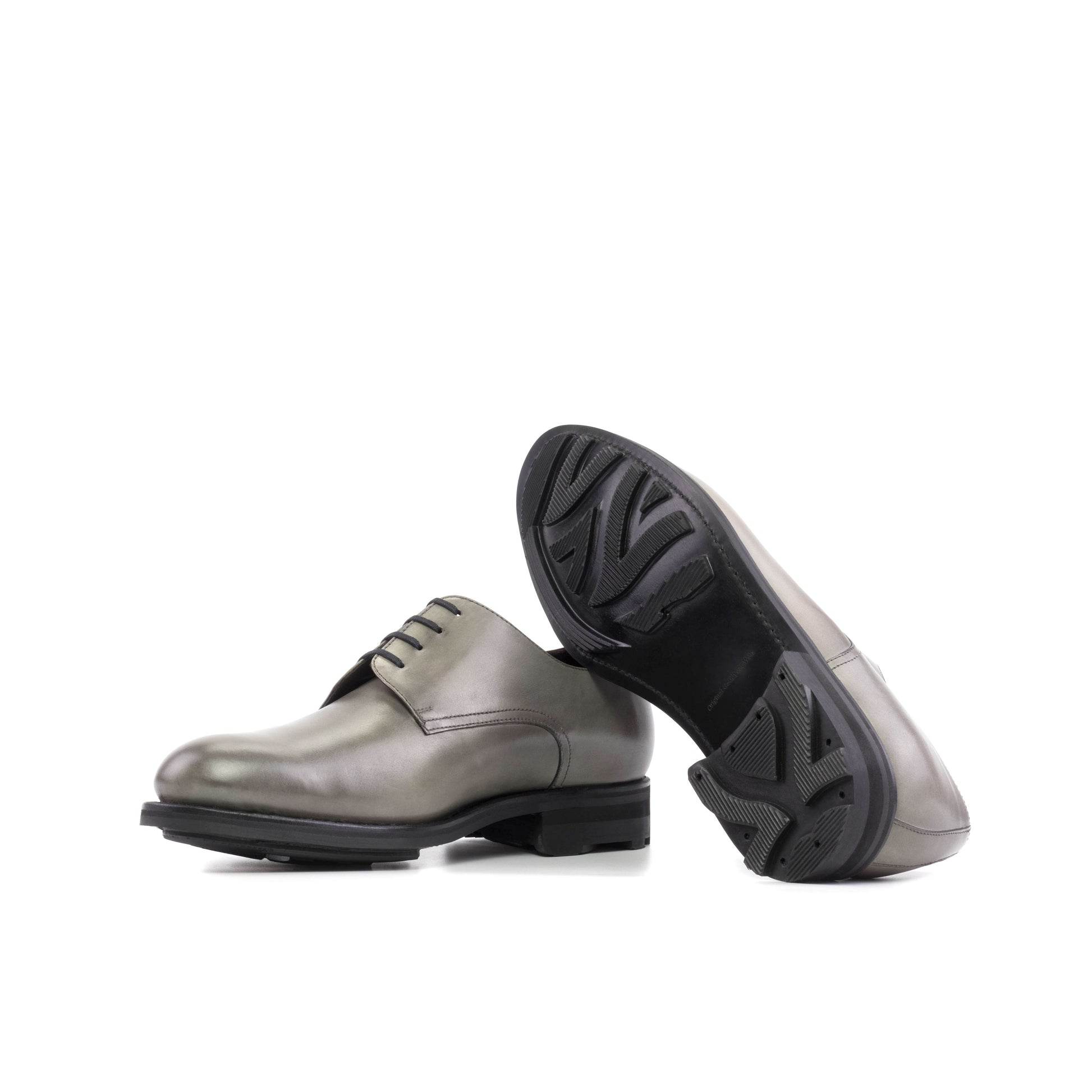 Derby in Grey Painted Box Calf showing black rocky rubber sole