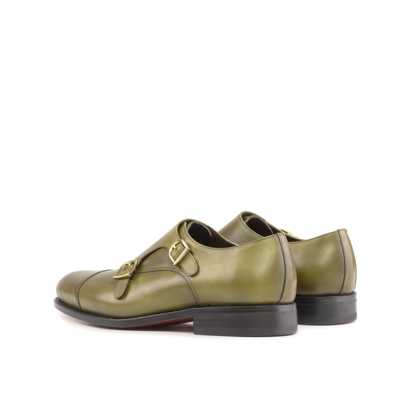 Double Monk Strap in Olive Painted Box Calf, rear three-quarter view