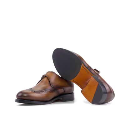 Single Monk Strap in Black Herringbone Fabric and Medium Brown Painted Box Calf showing cognac leather and rubber combination sole