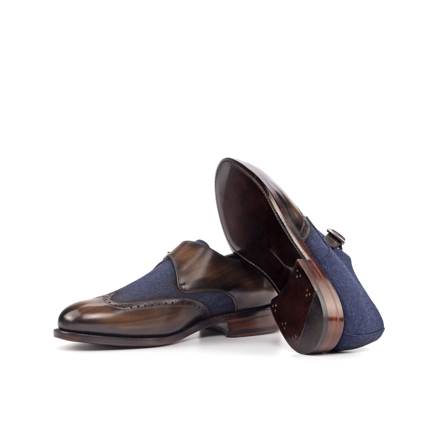 Single Monk Strap in Brown Patina Box Calf and Navy Denim showing brown leather sole