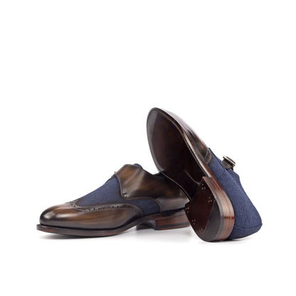 Single Monk Strap in Brown Patina Box Calf and Navy Denim showing brown leather sole