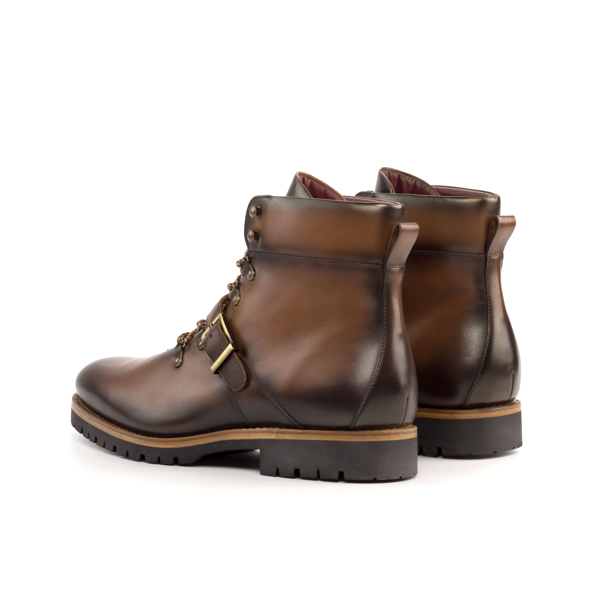 Hiking Boot in Burnished Dark Brown Box Calf, rear three-quarter view