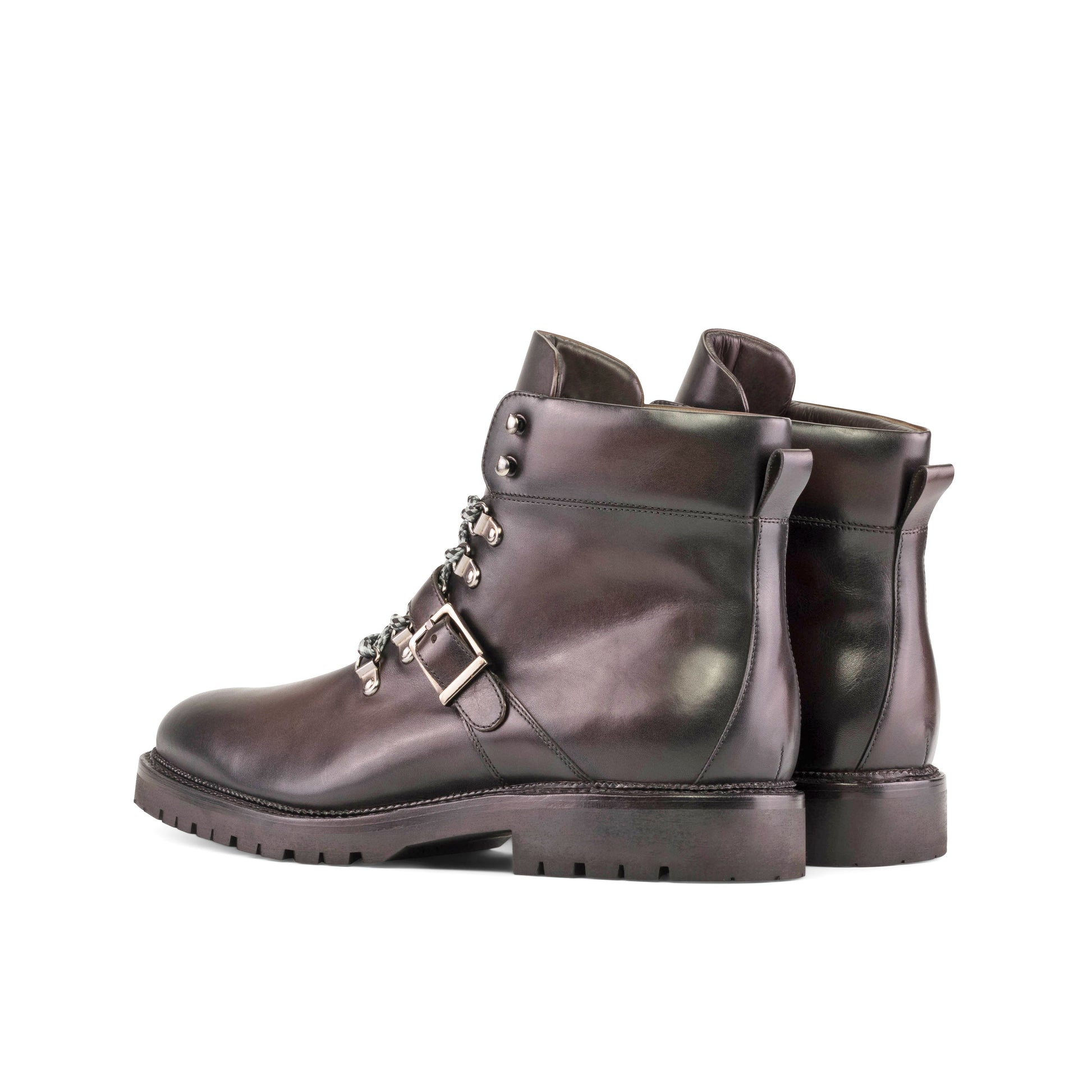Hiking Boot in Burnished Dark Brown Box Calf, rear three-quarter view