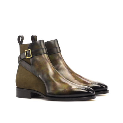 Jodhpur Boot in Khaki Lux Suede and Green Museum Patina Box Calf, front three-quarter view