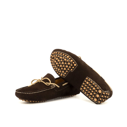 Driver Bow in Dark Brown Calf Suede, beige rubber pebble sole