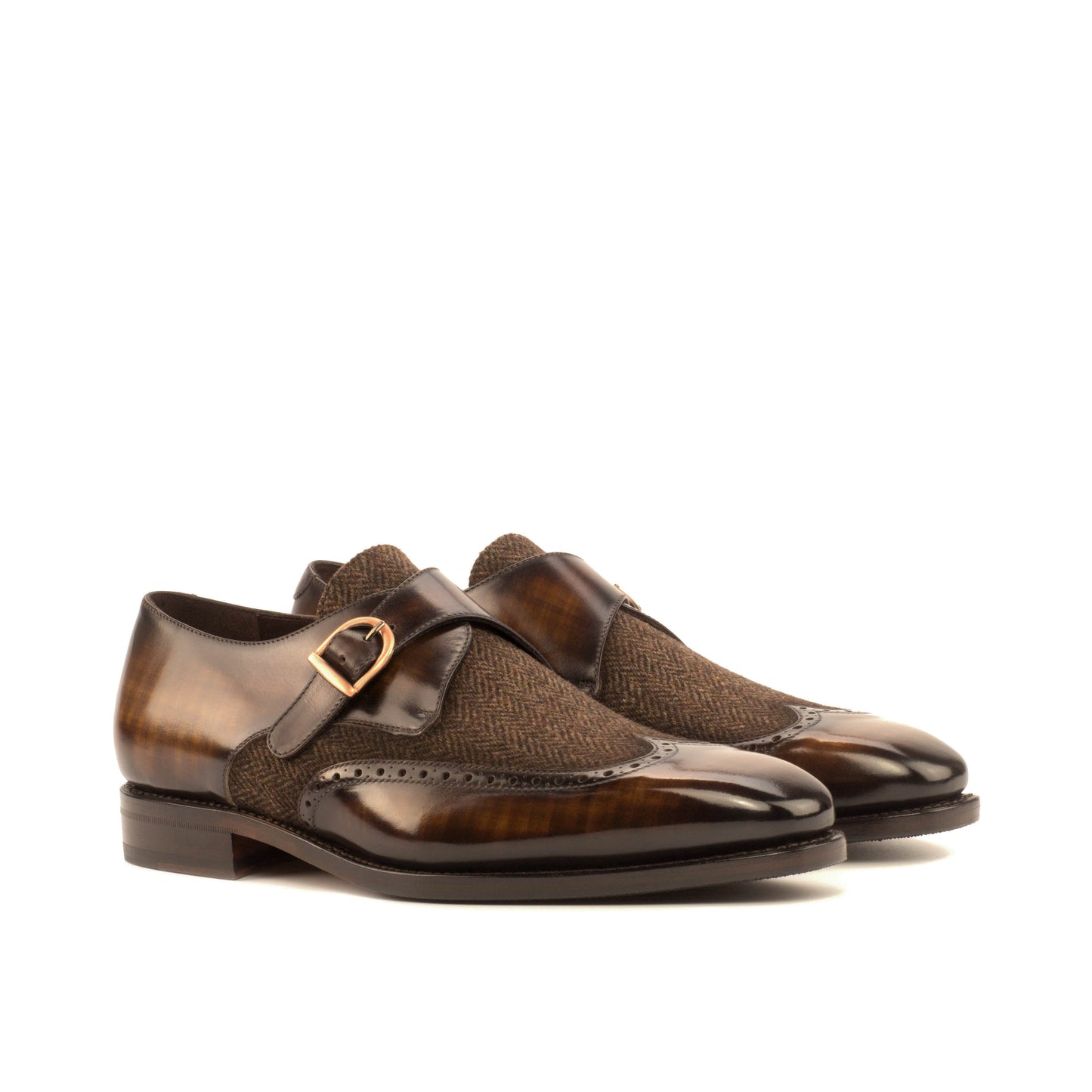 Single Monk Strap in Brown Patina Box Calf and Black Herringbone Fabric, front three-quarter view