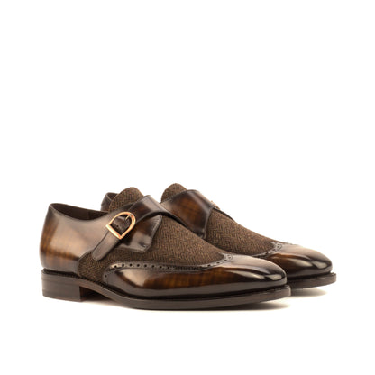 Single Monk Strap in Brown Patina Box Calf and Black Herringbone Fabric, front three-quarter view