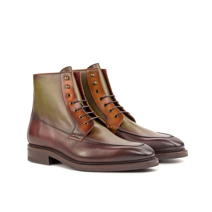 Moc Toe Boot in Burnished Olive Painted Box Calf and Burnished Cognac Painted Box Calf, front three-quarter view