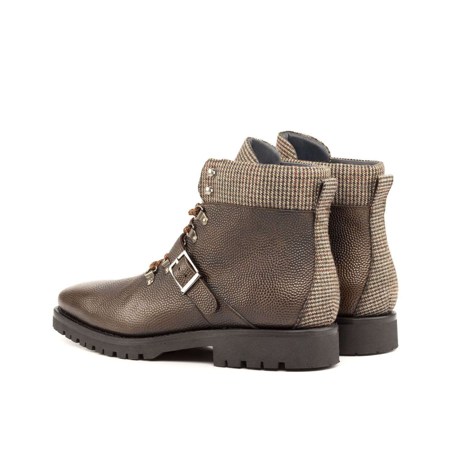 Hiking Boot in Dark Brown Painted Pebble-Grain Box Calf and Brown Small-Scale Wool Tweed, rear three-quarter view