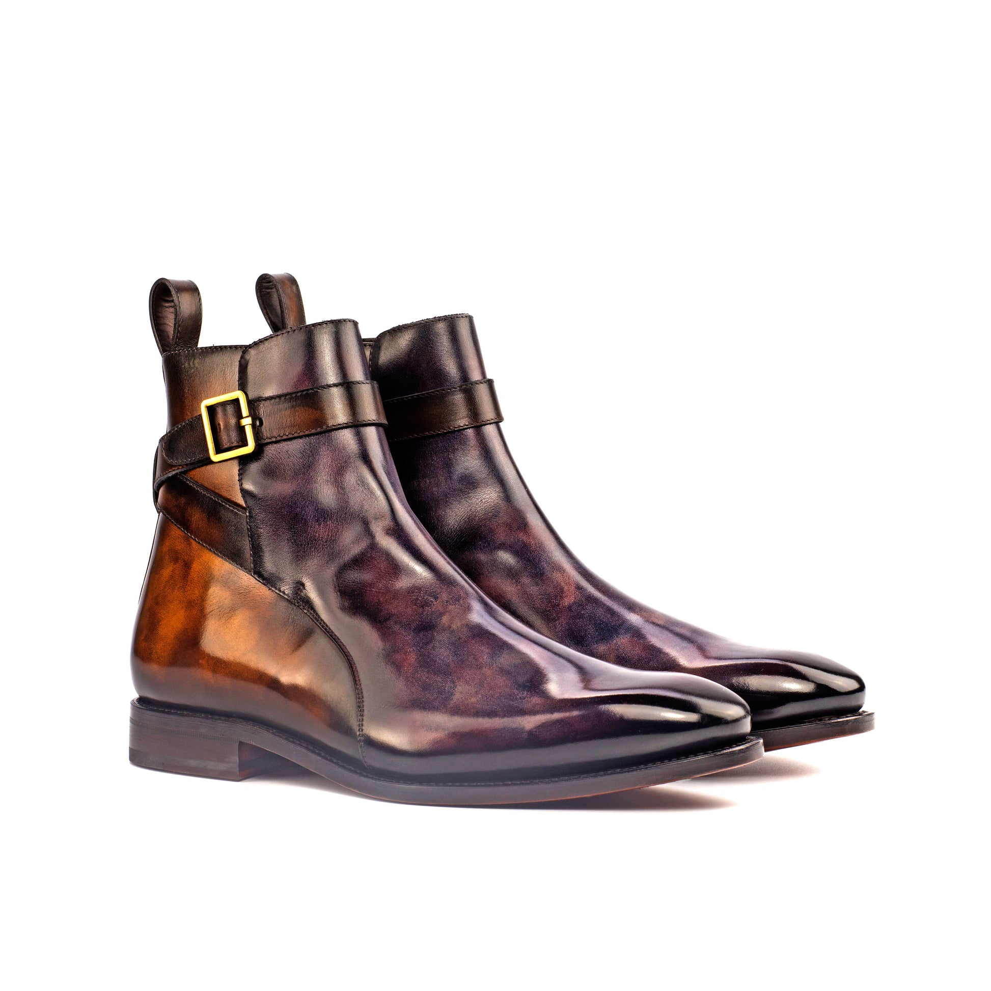 Jodhpur Boot in Tobacco Museum Patina Box Calf and Aubergine Museum Patina Box Calf, front three-quarter view