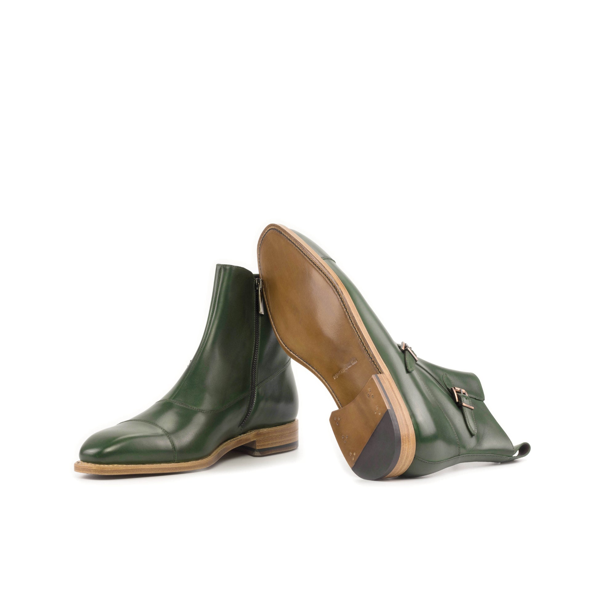 Double Buckle Boot in Forest Green Painted Box Calf showing natural leather sole