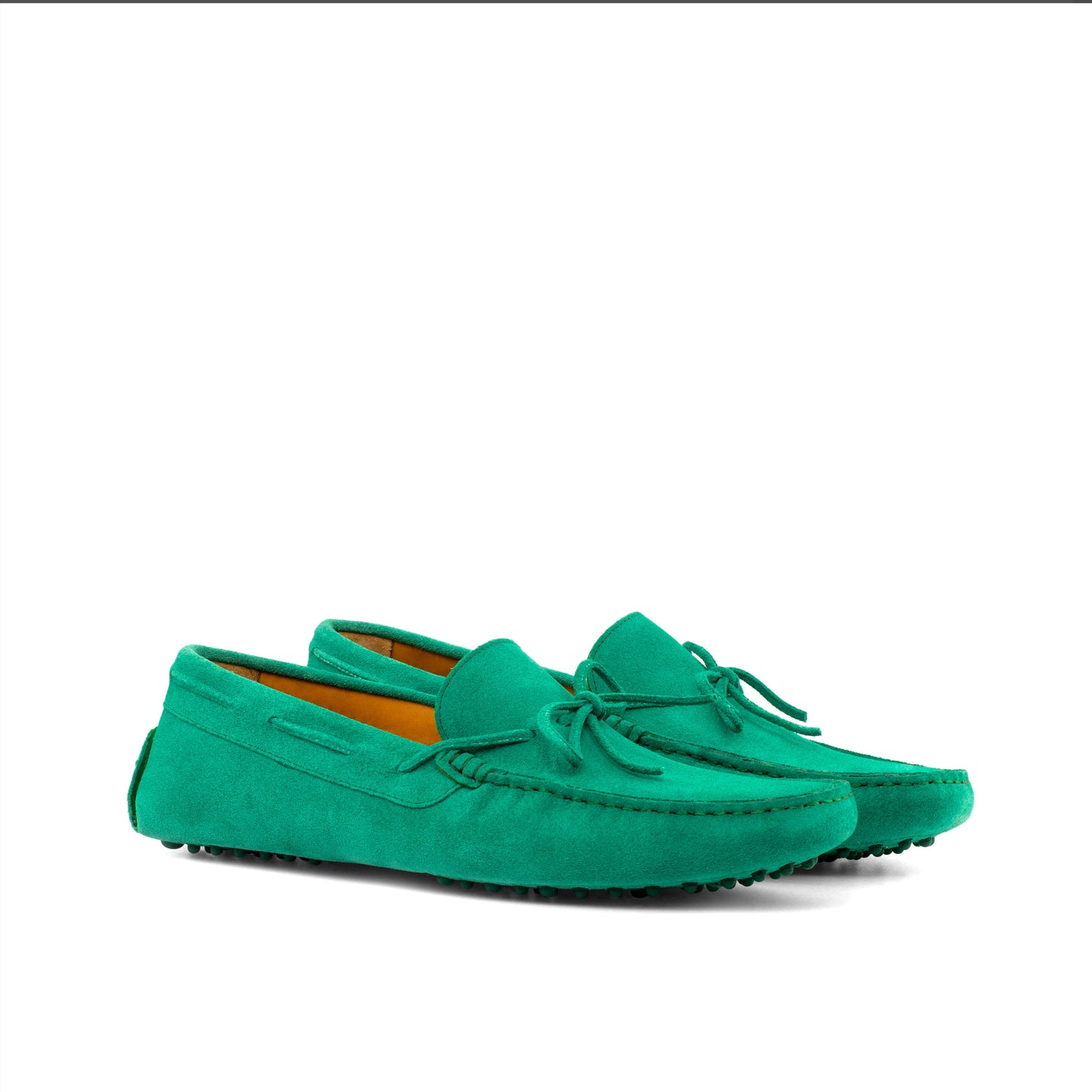 Driver Bow in Green Calf Suede, front three-quarter view
