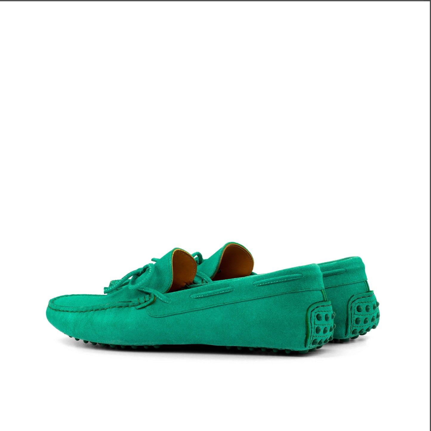 Driver Bow in Green Calf Suede, rear three-quarter view