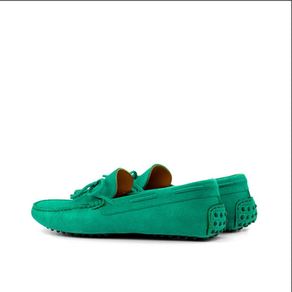 Driver Bow in Green Calf Suede, rear three-quarter view
